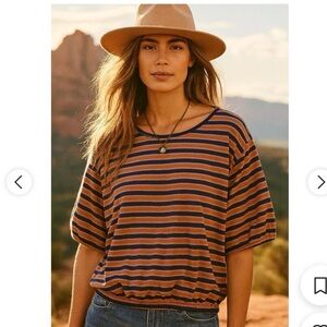 Pact Women's Striped Elbow Tee Brown and Navy Organic Cotton